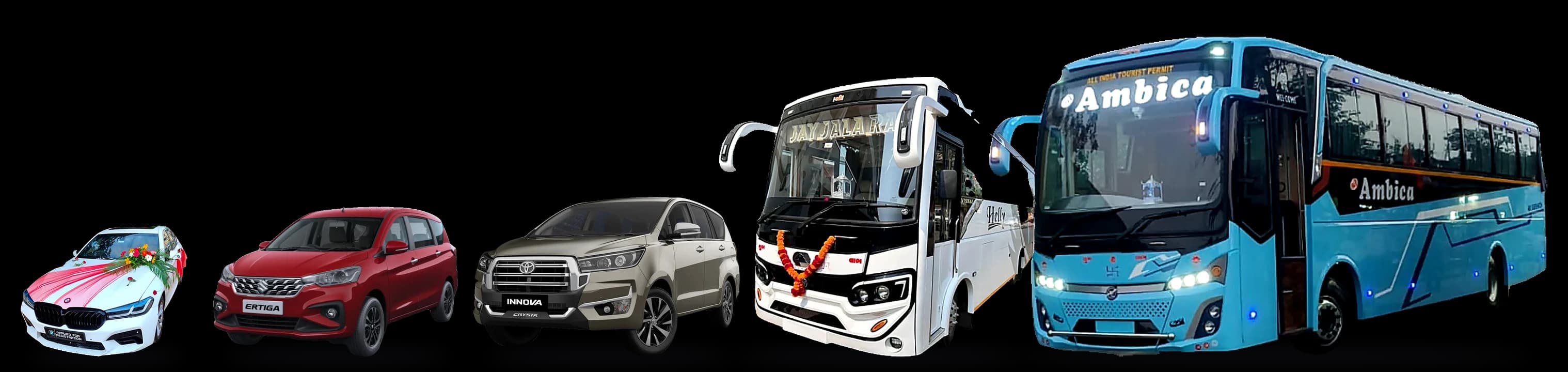 Mahi Tours fleet lined up by size: a BMW wedding car, Maruti Suzuki Ertiga, Toyota Innova Crysta, a 29-seat AC mini coach and a 56-seat AC coach
